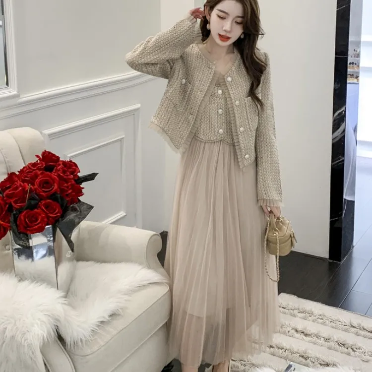 High Quality Women Small Fragrance Tweed Two Piece Set Elegant Short Jacket Coat+Spaghetti Straps Mesh Patchwork Midi Dress Suit