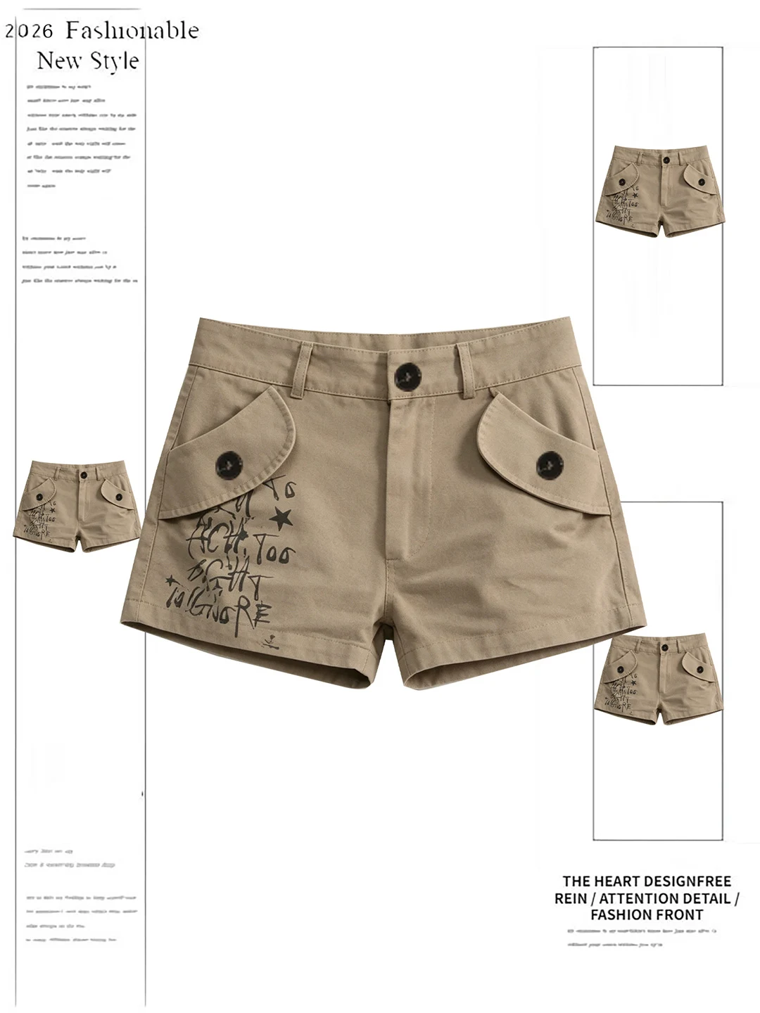 

Retro American Text Print Workwear Denim Shorts Women's Summer New Design Pocket Casual Straight Leg Hot Pants