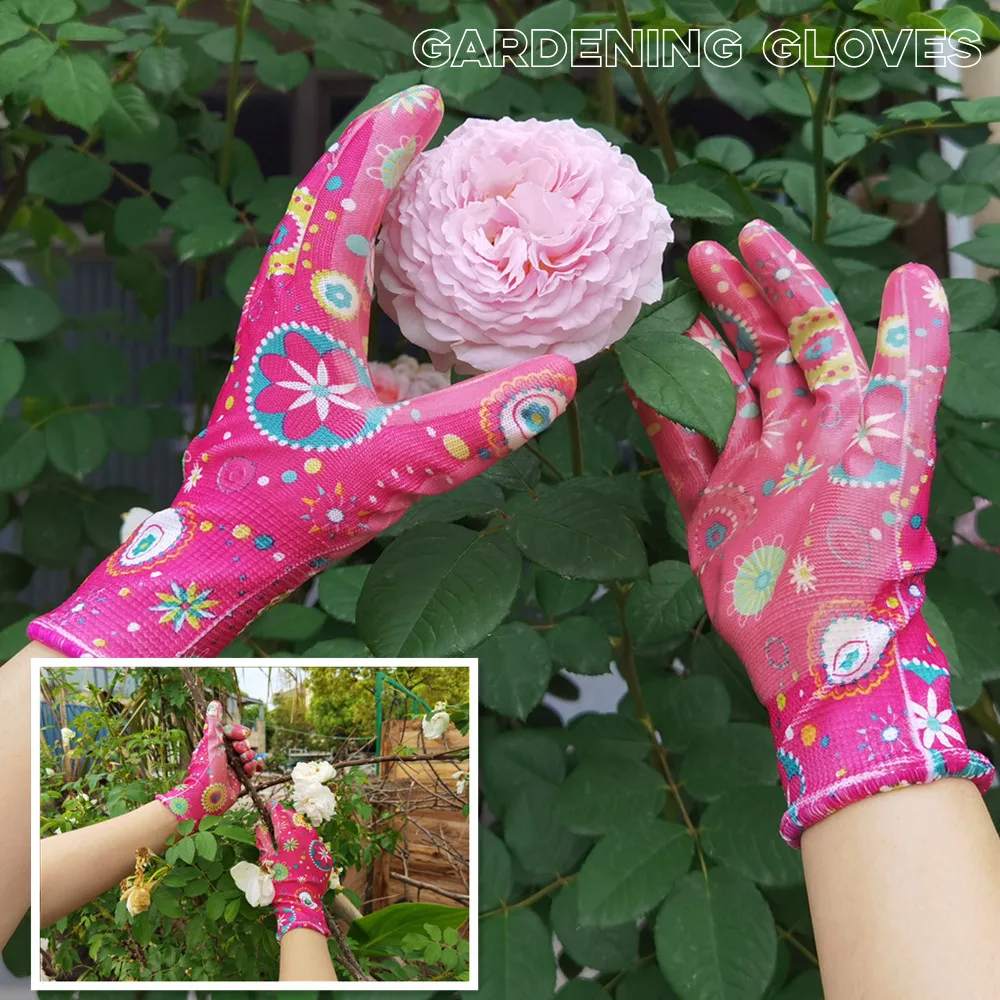 Lady Gardening Gloves, Nitrile Rubber Palm Coated, Snug Fit, Abrasion, Water/Dirty Resistance Palm, Light Weight, Women Medium