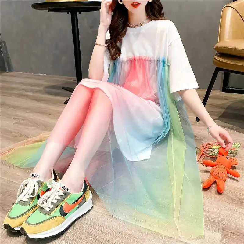 2025 여름 데일리 드레스 여성 캐주얼 레인보우 메쉬 스티치 반팔 롱 드레스 스트리트 패션 의류 홀리데이웨어