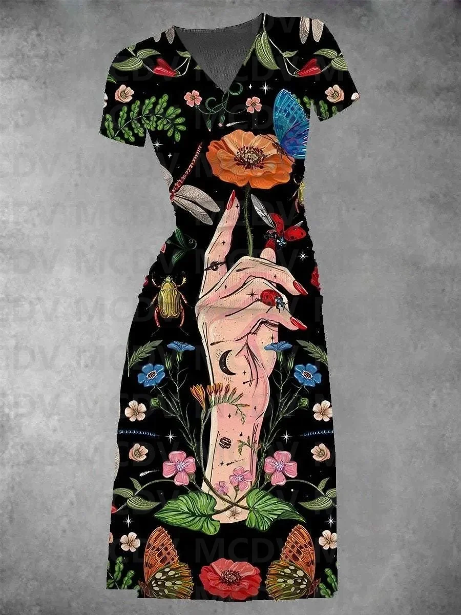 

Women's Frida's Garden Graphic Midi Dress Set 3D Printed Sexy V-neck Dress Female Dresses