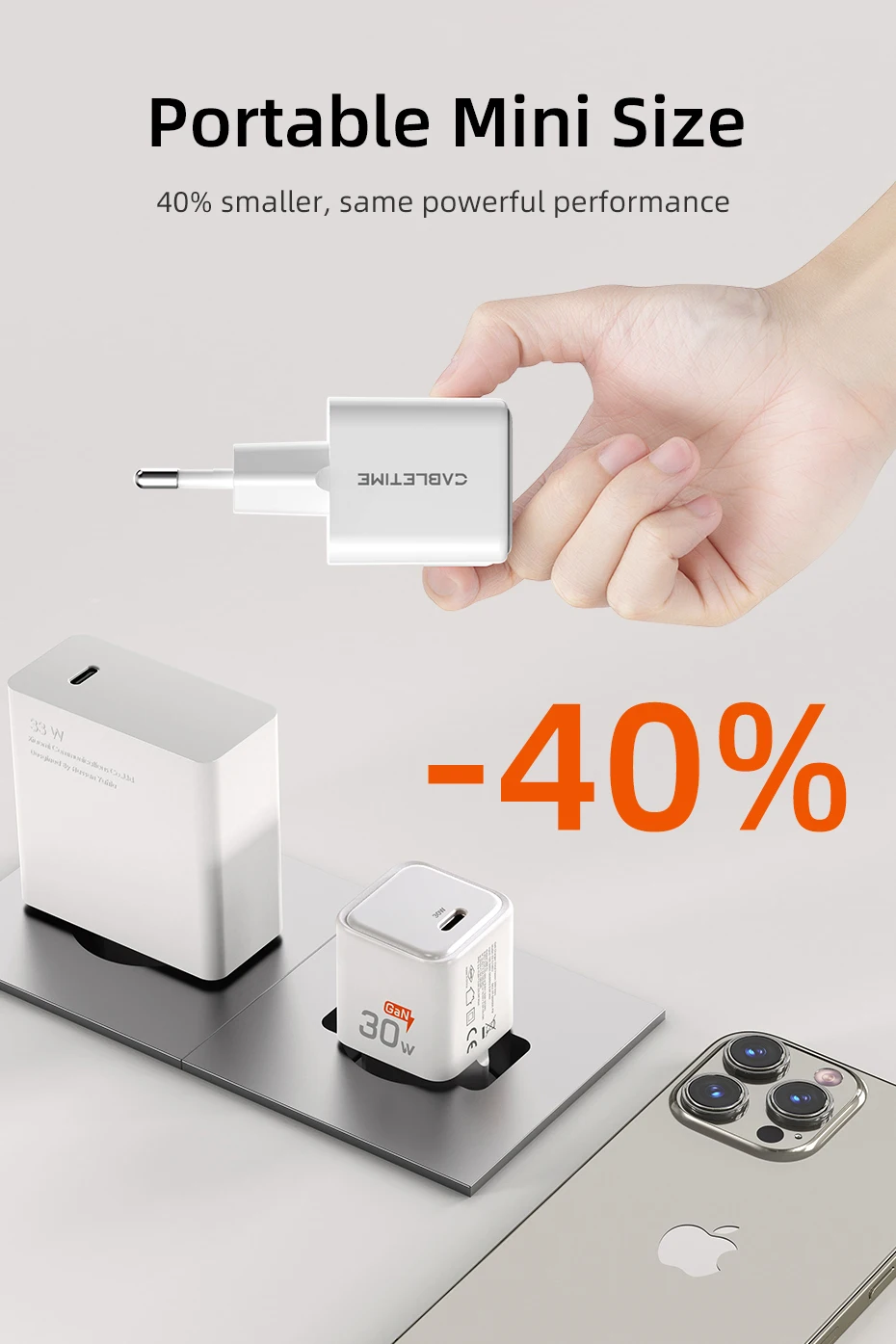 CABLETIME 30 W GaN Ladegerät PD QC 3,0 Schnelle USB Typ C Lade Typ C PD 3,0 Schnelle Telefon Ladegerät für iPhone 15 iPad Huawei Ladegerät – Detail 7