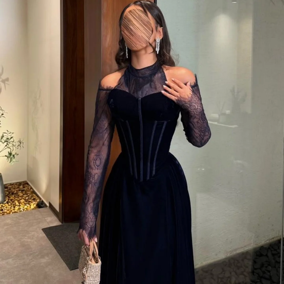 New Design O Neck Embroidery Illusion Off The Shoulder Fishbone Slim Draped Velvet Corset A Line Evening Prom Formal Party Dress