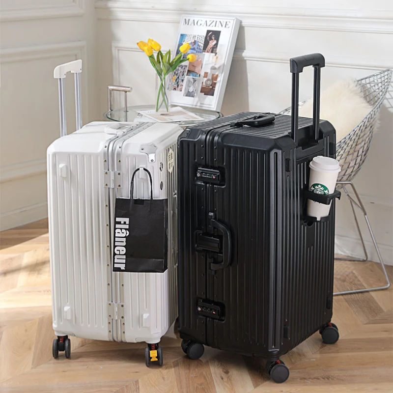 Suitcase Wide Handle Travel Suitcase Men 20 24 26 Carry-On Luggage with Large Capacity Women PC Aluminum Frame Trolley Case