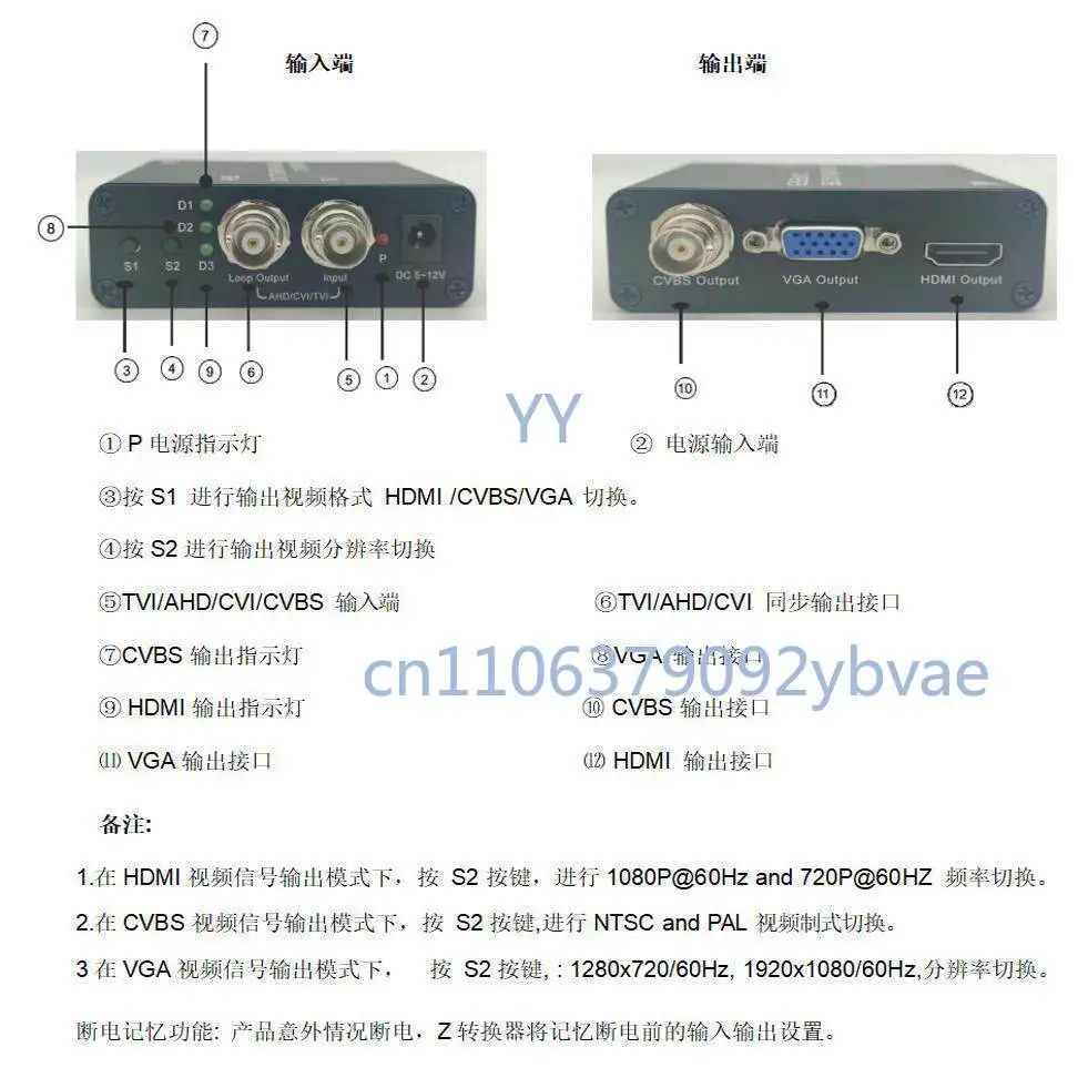 4K coaxial high definition converter AHD/TVI/CVI/CVBS to HDMI/VGA/CVBS US standard power supply 1080P