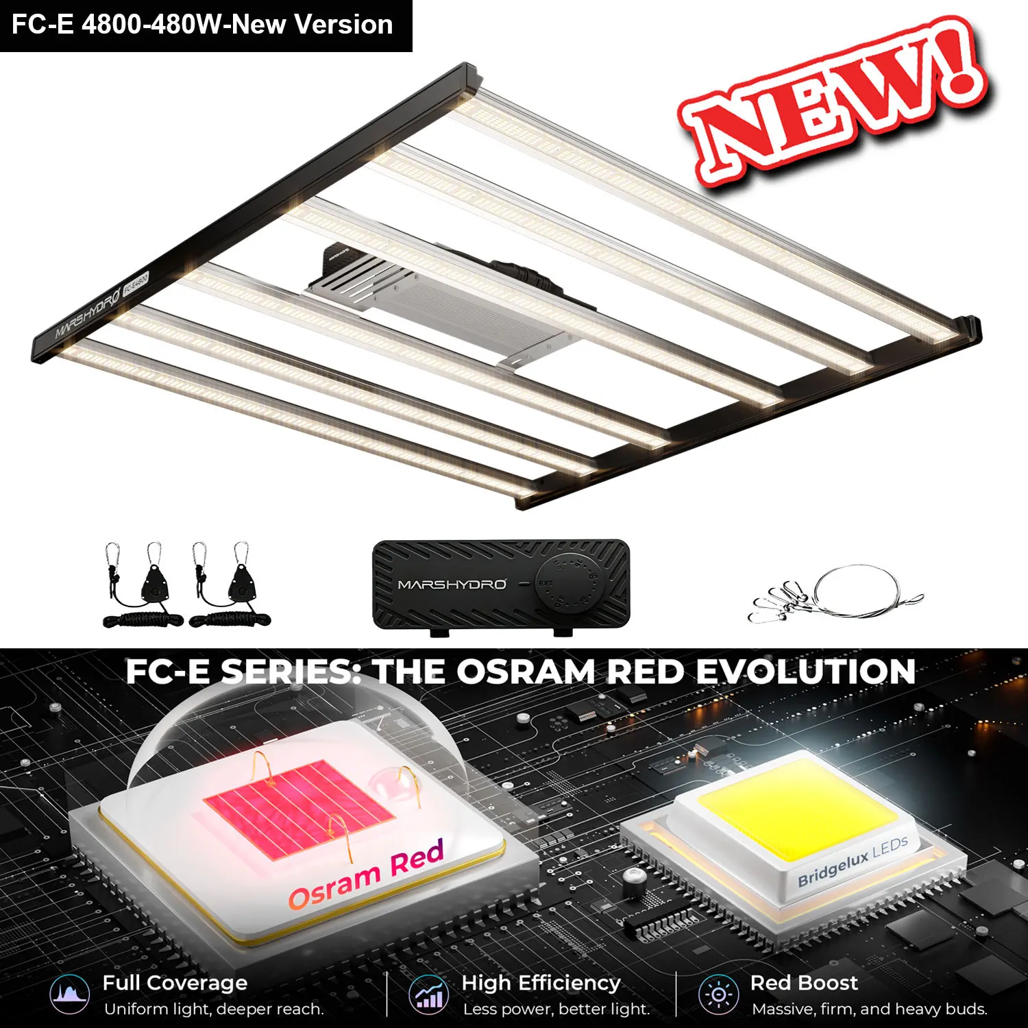 MARS HYDRO FC-E4800 Full Spectrum LED-kweeklamp 480W met BridgeLux dimbare kweeklamp voor 150x150cm kweektent, Smart APP Wifi