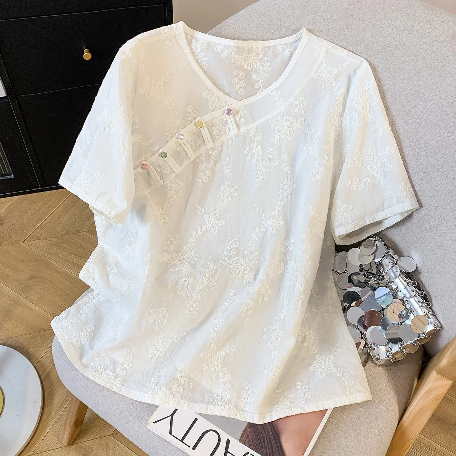 

Большой размер, художественная ретро-вышитая хлопковая футболка ort Sve round Ne White Tea, маленькая футболка irt, женский топ