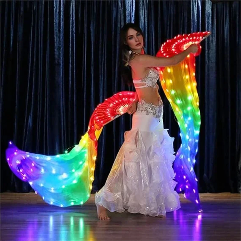 LED Long Silk Dance Fan Hand Belly Dance Ballet dance Fans Women Dance Party Stage Show Glowing Rave Silk Cloth Hand Held Fan