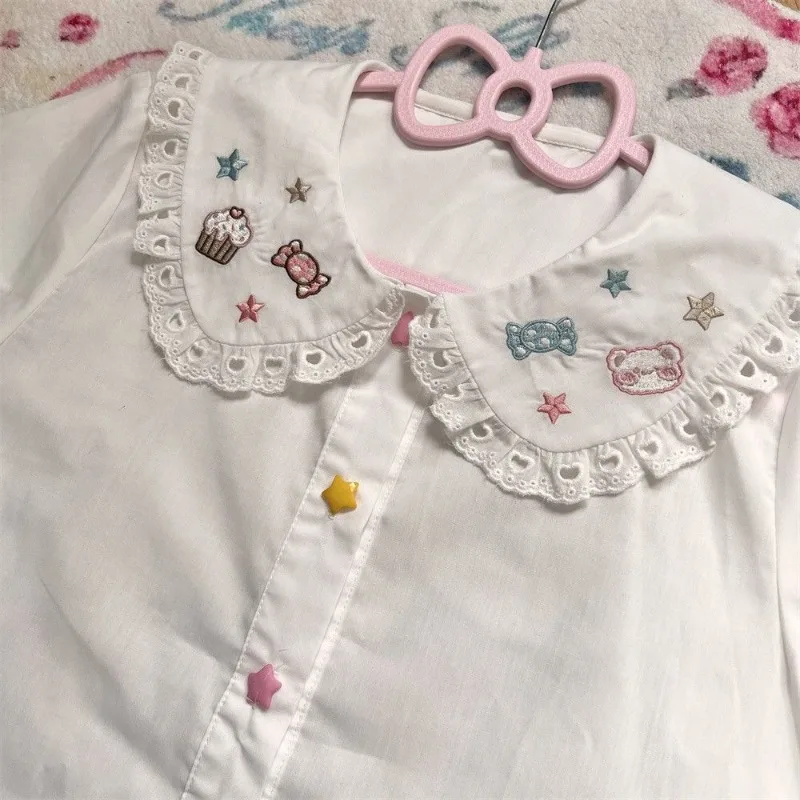 HOUZHOU White Cartoon Embroidery Shirts Women Kawaii Lolita Lace Short Sleeve Babydoll Top Cutecore Jk Japanese Loose Blouses