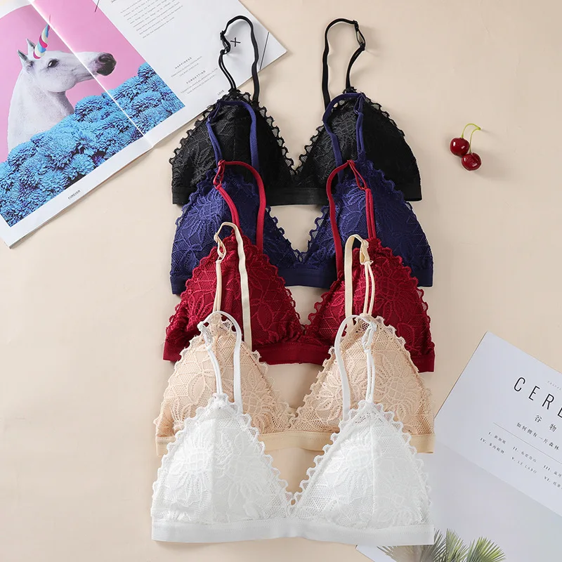 新しいフランス製薄型三角カップブラ、女性用ラップチェストタイプ、ノンワイヤーレースストラップレスブラ、胸パッド付き 1