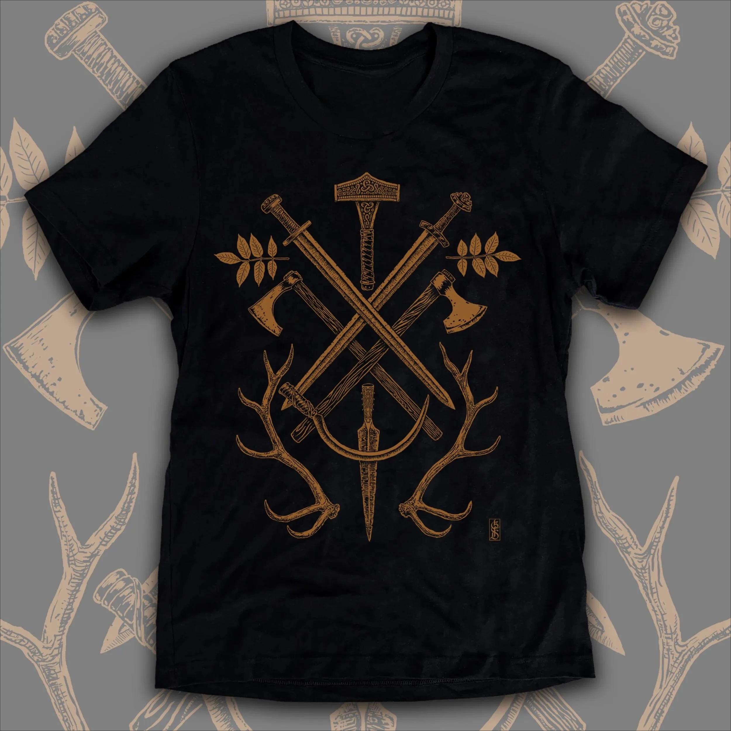 Old Gods Viking Mens T Shirt Weapons of War Sacrifice Harvest Yggdrasil Ash Leaves Copper on Vintage Black Tee Odin Tee
