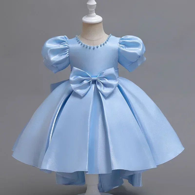 Fashion Solid Color Kids Dresses for Girls Mesh Lace Short Sleeve Bridesmaid Dresses Summer Girls Party Dresses 3-12Y