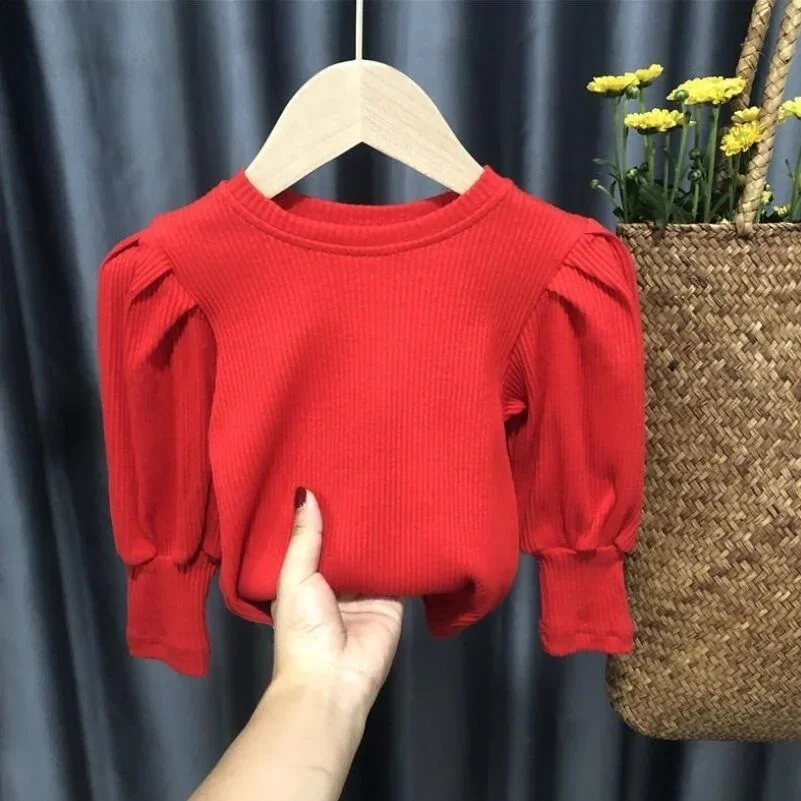 Spring Autumn Girls Blouse Solid Color Long Puff Sleeve Shirts Kids Cotton Shirt Baby Toddler Girl Tops Tee Children Clothes