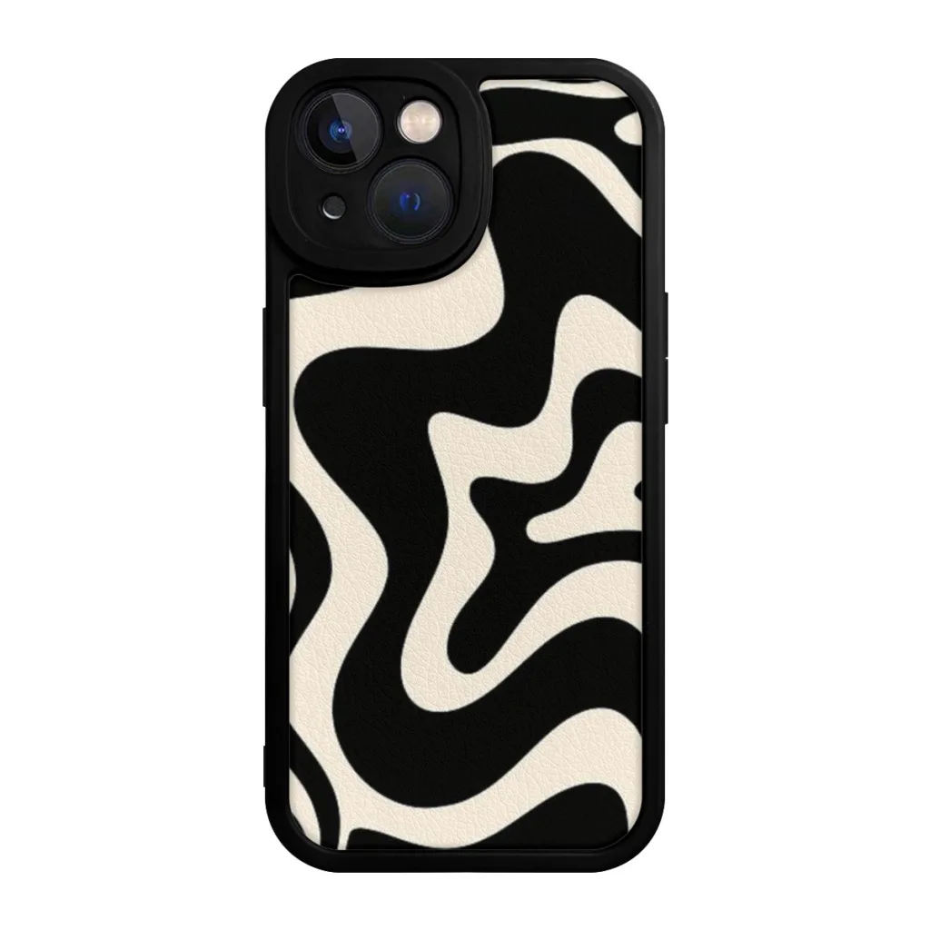 Phone Case For iPhone 15 Pro Max Silicone Shell Retro Liquid Swirl Abstract Pattern in Black and Almond Cream