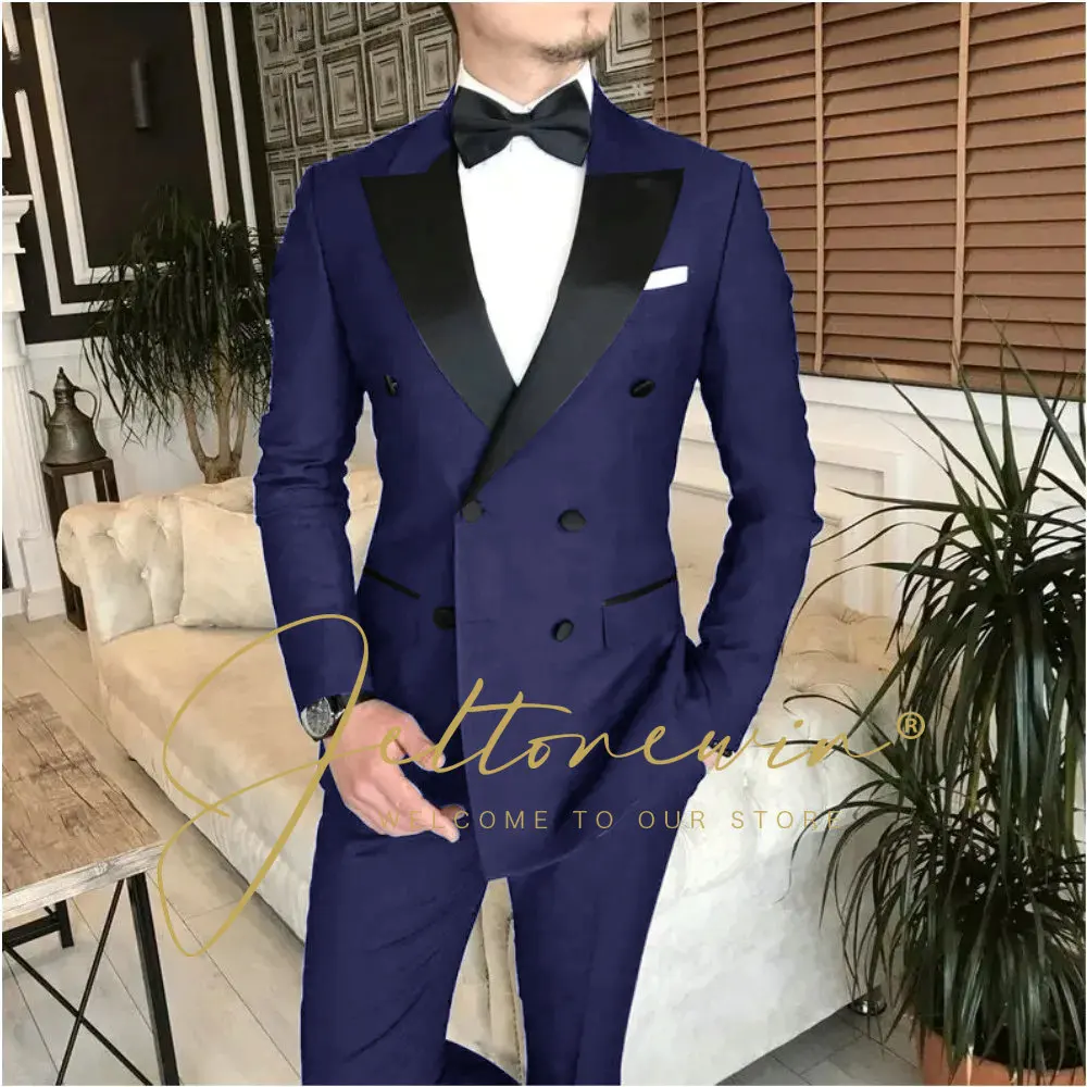 

Navy Blue Double Breasted Men's Suit Tailored 2-Piece Clothing Fashion Men's Wedding Groom Suits Best Man Dinner Party Tuxedo