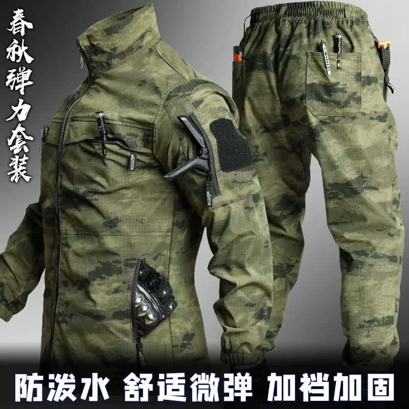 Traje de Trabajo Táctico Elástico con Camuflaje para Hombre, Primavera/Otoño, Resistente al Agua, con Múltiples Bolsillos, Uniforme de Trabajo para Exteriores