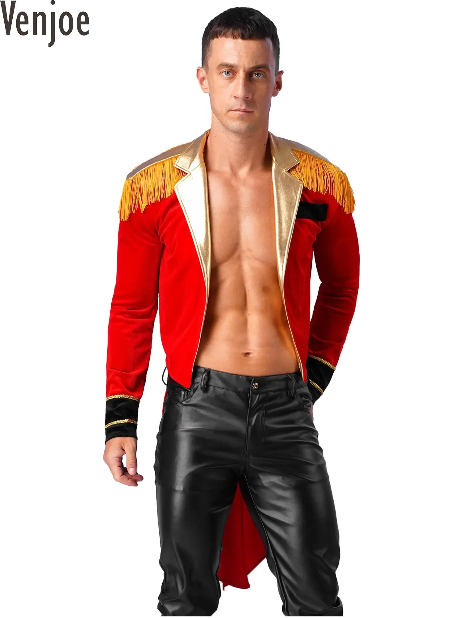 

Mens Circus Ringmaster Costume Halloween Showman Cosplay Jacket Tassel Velvet Party Tailcoat Long Sleeve Swallow-Tailed Coat