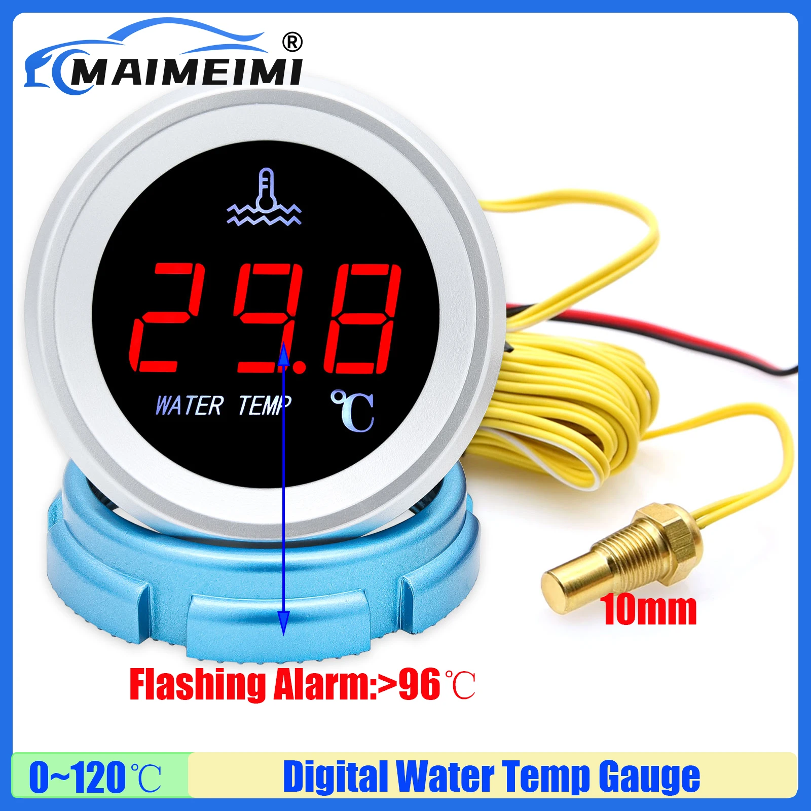 مايمي أوتوماتيكية رقمية 0-120 ℃ مقياس درجة حرارة الماء مع تحذير وامض أحمر LED مقياس درجة حرارة الماء + مستشعر 1/8NPT 12V24V #6