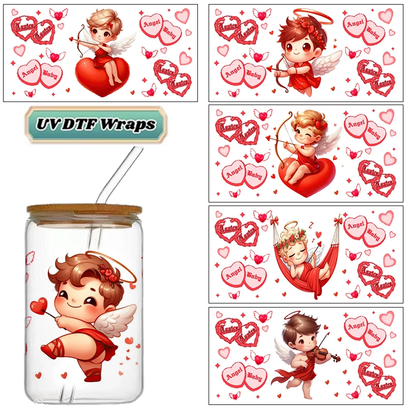 Cute Cupid Angel UV DTF Wraps, Valentine's Day Love & Heart Stickers for 16oz Glass Cans, Waterproof DIY Transfer Decals