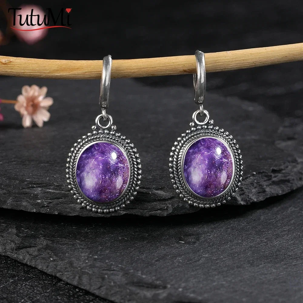 925 Sterling Silver Earrings Vintage Oval Kyanite Women\'s Gemstone Fine Jewelry Party Engagement Gift Hoop Earrings