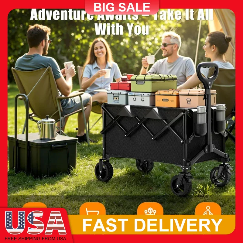 

Collapsible Wagon Cart 480LBS Capacity with Cup Holders Foldable Utility Cart for Camping Beach Shopping Garden Sports