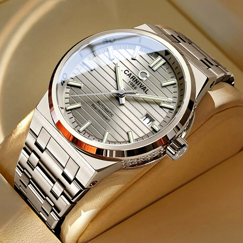 Carnival Brand Imported Movement Mechanical Watch Men Stainless Steel Sports 50M Waterproof Sapphire HD Luminous Mens Watches