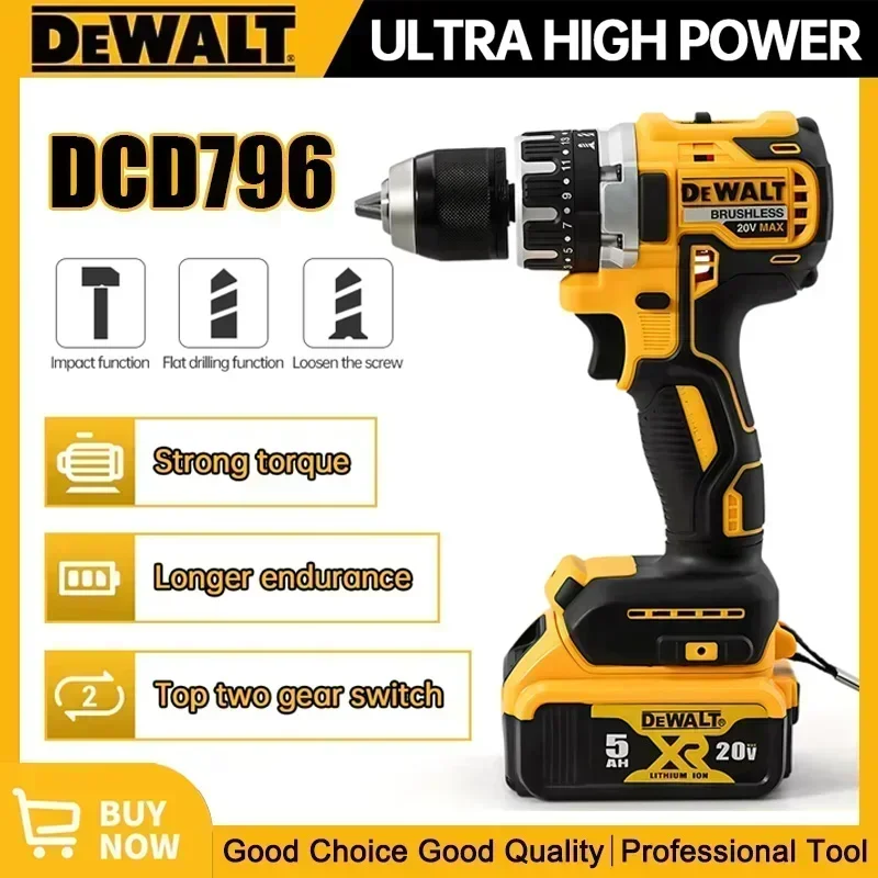 

DEWALT 20V DCD796 13mm Brushless Electric Drill 70NM Portable Screwdriver Impact Drill Lithium Ion Battery Home El