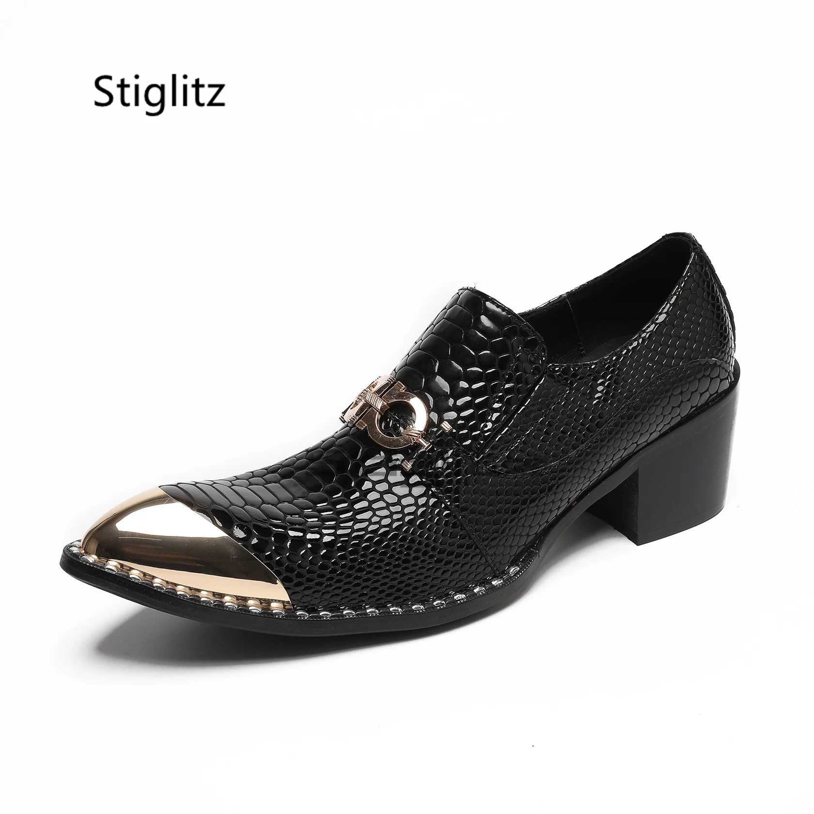 Genuine Leather High Heel Men's Shoes Metal Pointed Toe Metal Buckle Decor Business Snake Pattern Elegant Gentleman Shoes