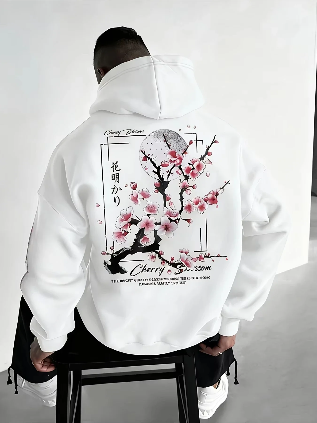 Plus Size Cherry Blossom Moon Print Hoodie Unisex Heavyweight Pullover Japanese Aesthetic Y2K Streetwear Winter Sweatshirt
