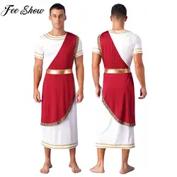 Mens Ancient Greece Roman Toga Robe Halloween Theme Party Caesar King Cosplay Performance Costume Short Sleeve Retro Gold Gown