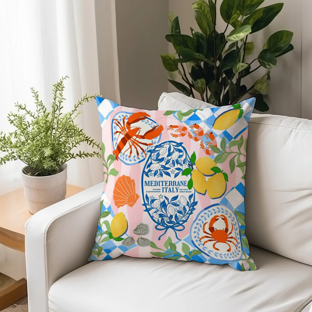 1pc Mediterranean Seafood Lemon Pillow Cover, 2D Double-Sided Polyester Cushion Case, Italian Coastal Decor Pillowcase, Gift for