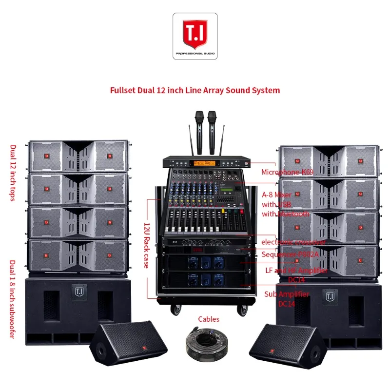 High-Power 1000W Three-Way Line Array System, 12-inch Speaker Tops Paired with Dual 18-inch Subwoofers for Stage Use