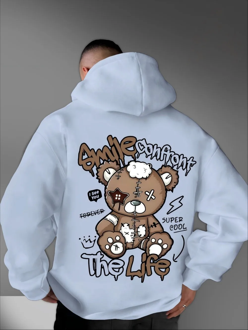 European and American Men's Autumn Letter Teddy Bear Patch Print micro Elastic Comfortable Hooded Sweatshirt Outdoor Street Top