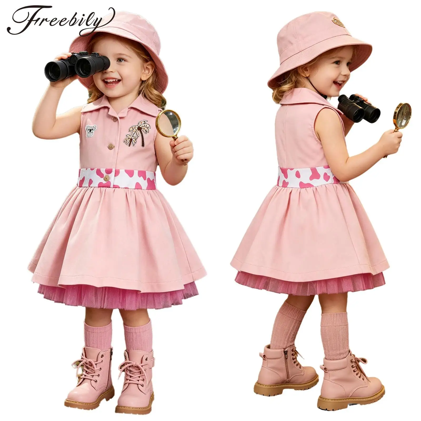 Toddler Baby Girls Zookeeper Suit Sleeveless Cute Animal Embroidery Tulle Dress Birthday Party Cake Smash Zoo Keeper Photo Shoot