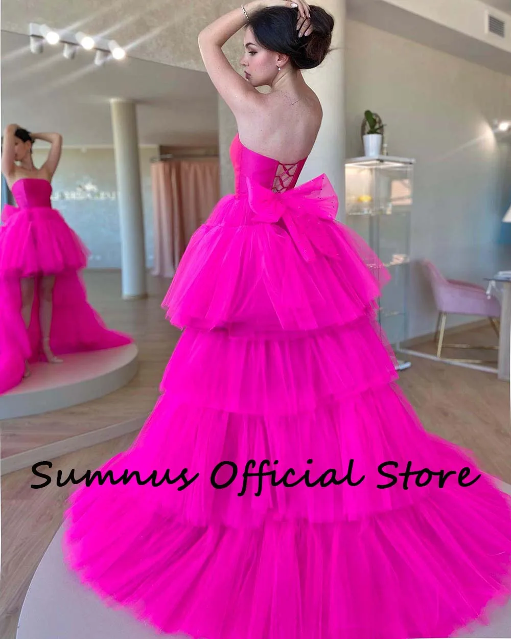 Sumnus Hot Pink Tulle Strapless Party Dresses With Bow High Low Tiered Long Train Homecoming Prom Dress 2024 Event Gowns