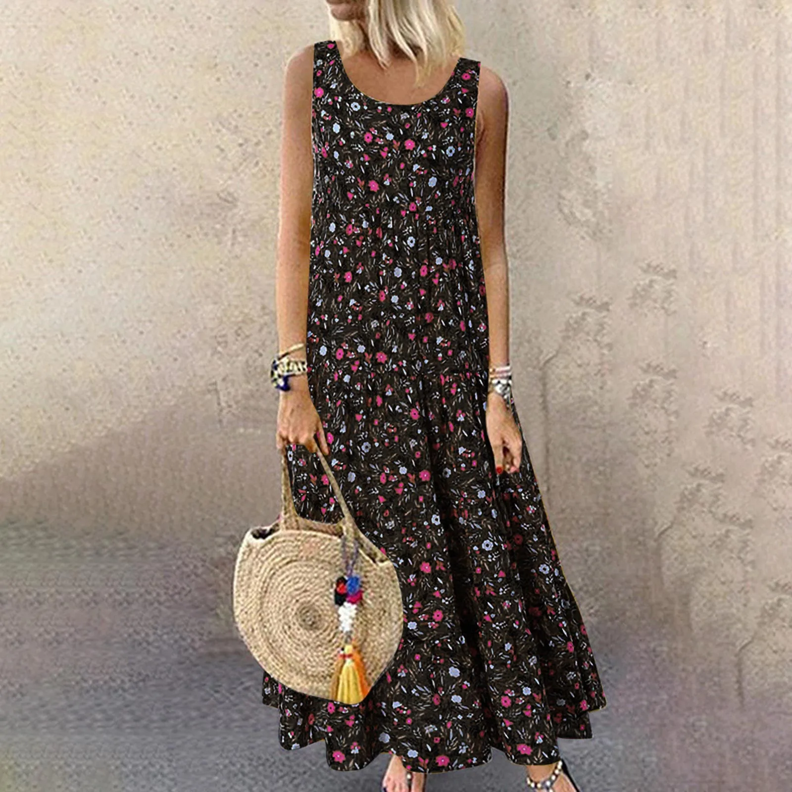 Vestido largo bohemio Vintage sin mangas para mujer, traje holgado con estampado Floral y cuello redondo, talla grande, para vacaciones y playa, 2023