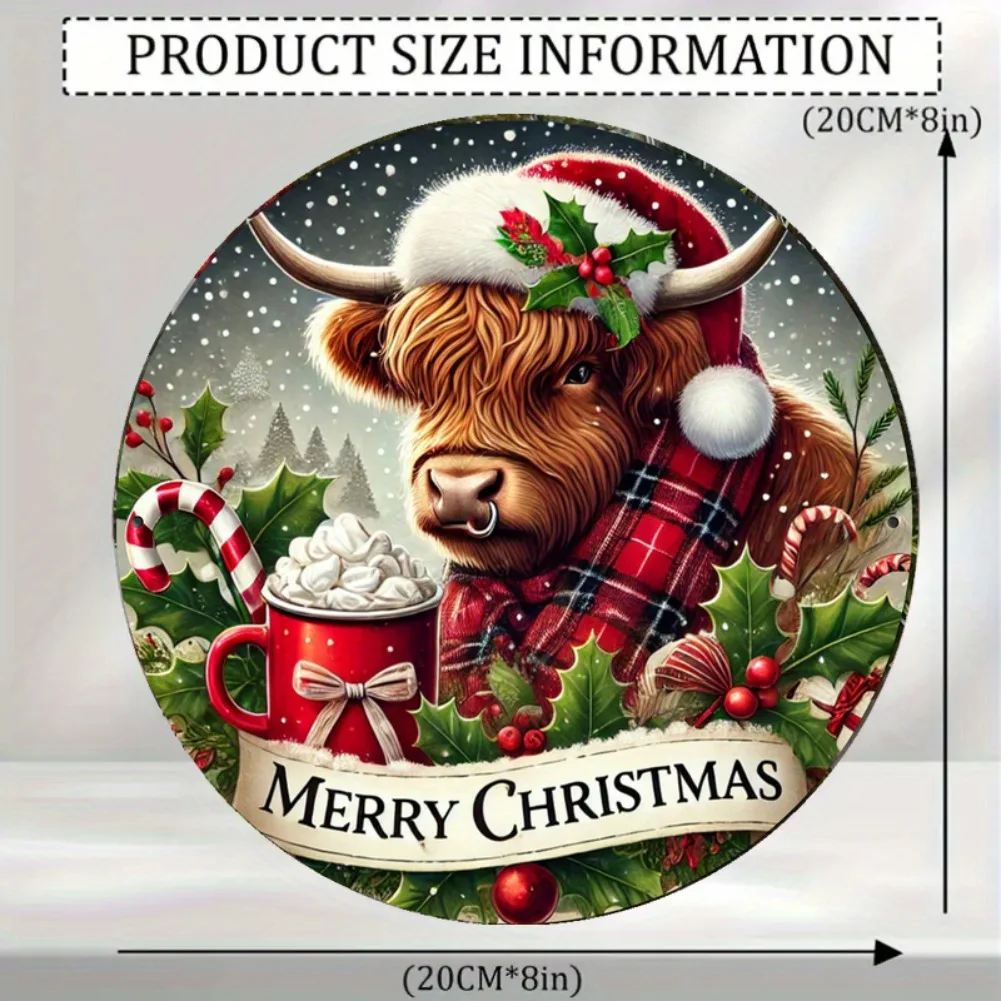Vintage Retro Highland Cow Christmas Round Metal Tin Sign – 2D Flat Products Design with Enhanced Depth & Artistic Detailing, Fe