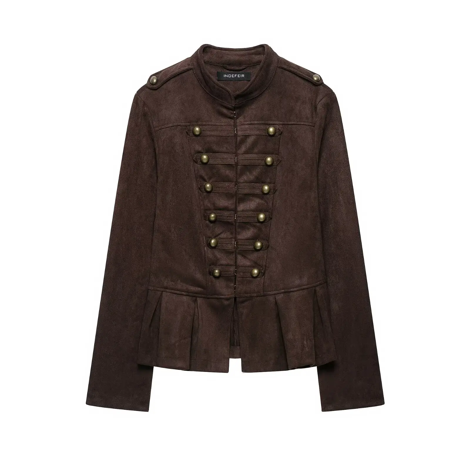 BSAY Vintage Militärjacke aus Kunstwildleder für Damen, Stehkragen, Metallknöpfe, plissierter Peplum-Rock, kurz geschnitten, langärmelige Oberbekleidung – Detail 2