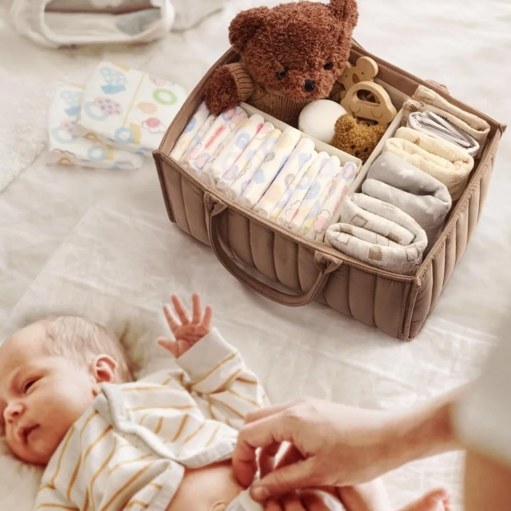 Large Capacity Baby Diaper Organizer Multi-Pocket Multifunctional Nursery Storage Basket Portable Floral Beige