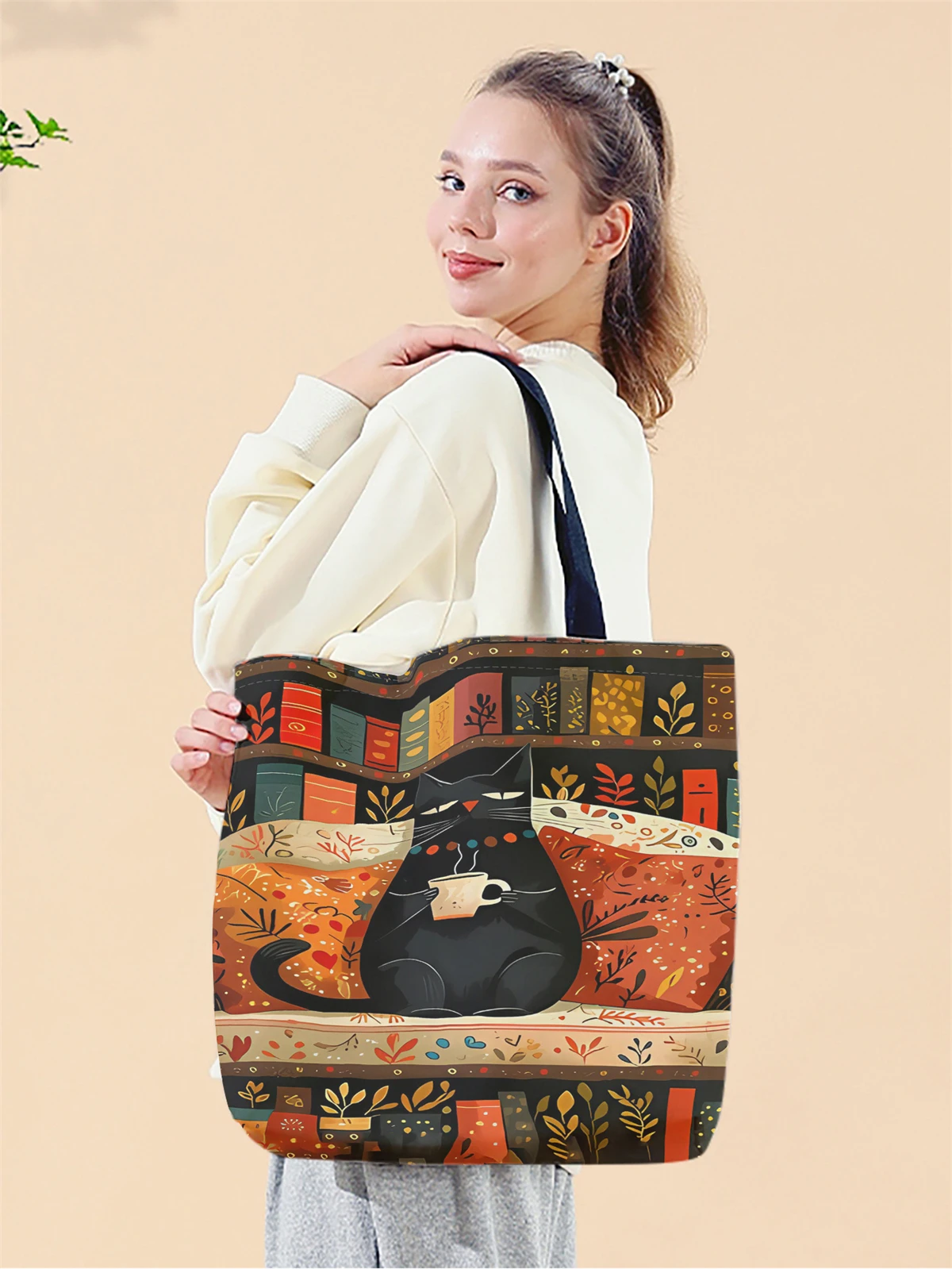 1 Stück, Kaffeekatzen-Handtasche, wiederverwendbare modische Handtasche, multifunktionale Handtasche, bedruckte Canvas-Einkaufstasche