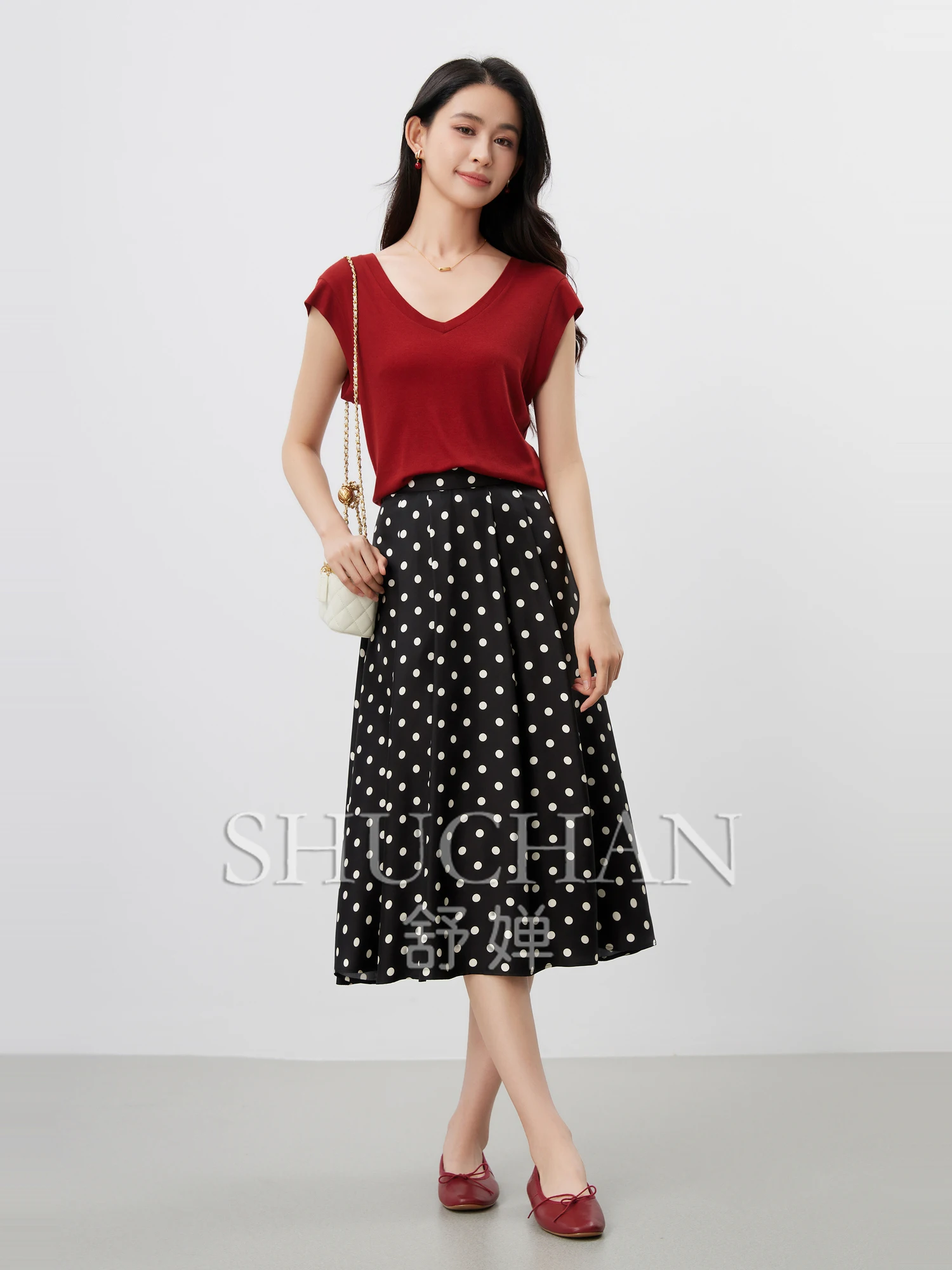 18 Mmi Twill Silk Mulberry Silk Classic Interest Contrasting Color Polka Dot Temperament High Waist Skirt Women
