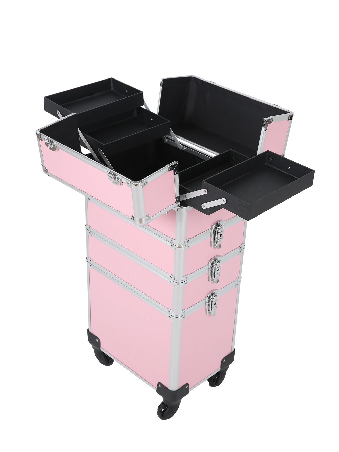 Custodia per trucco professionale 4 in 1 custodia per cosmetici in alluminio con rotelle su ruote Organizer per trucco per artisti con vassoi