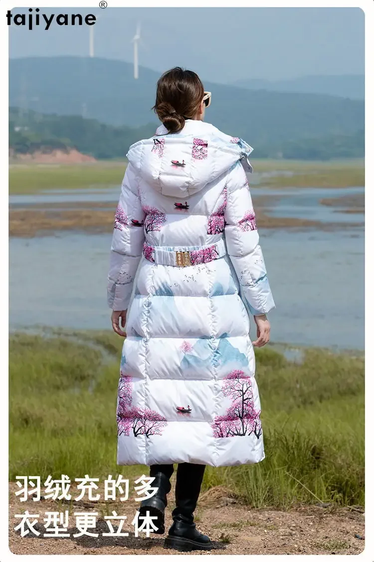 Tajeyane-Chaqueta larga de plumón de pato para mujer, abrigo grueso y ajustado, Parkas con capucha estampadas a la moda, color blanco, 2023, invierno, 95%