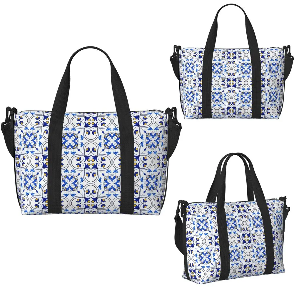 Portuguese Tile White Blue and Turquoise Vintage Pattern Beach Travel Bag Tote Bags for Gym Women Shopping Duffle Shoulder Bag