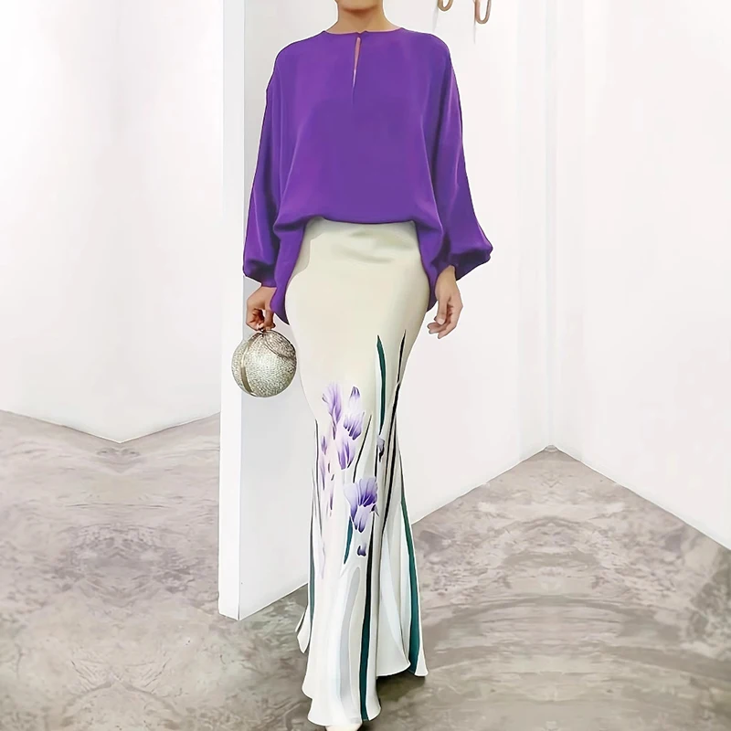 

Ladies O Neck Long Sleeved with Long Skirt Party 2pc Set Spring Autumn Slim Fit Wrap Hip Suit Elegant Printed Commuting Outfits