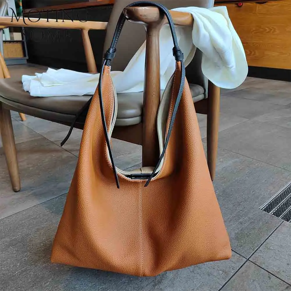 Motingsome Soft Cow Leather Handbag for Women Minimalism Patchwork Color Shoulder Fashionable Casual Tote Oversize Bags 2024 New