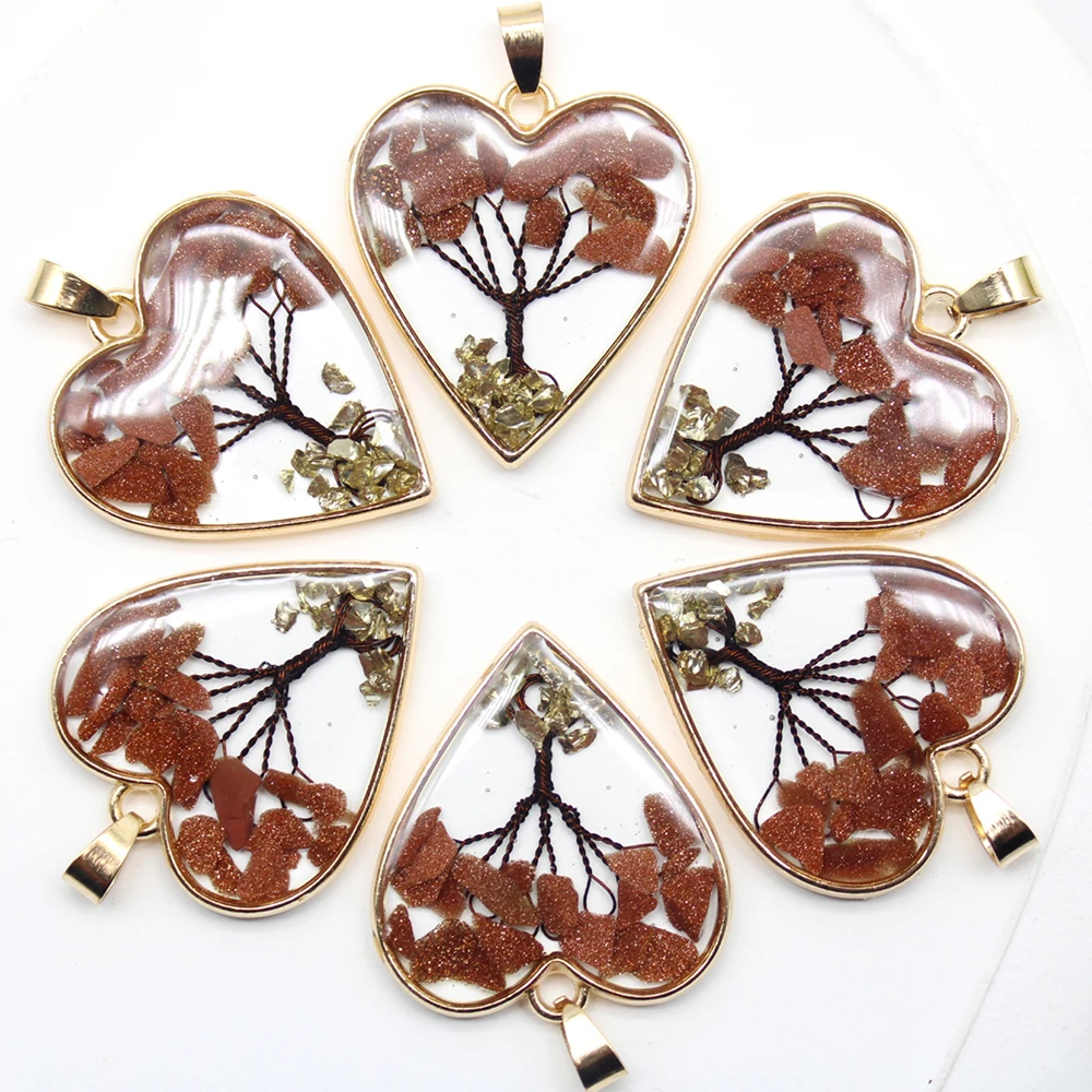 Natural Stone Pendant Quartz Crystal 7 Chakra Reiki Healing Tree Heart Pendants for Diy Jewelry Making Necklace Accessories 6PCS