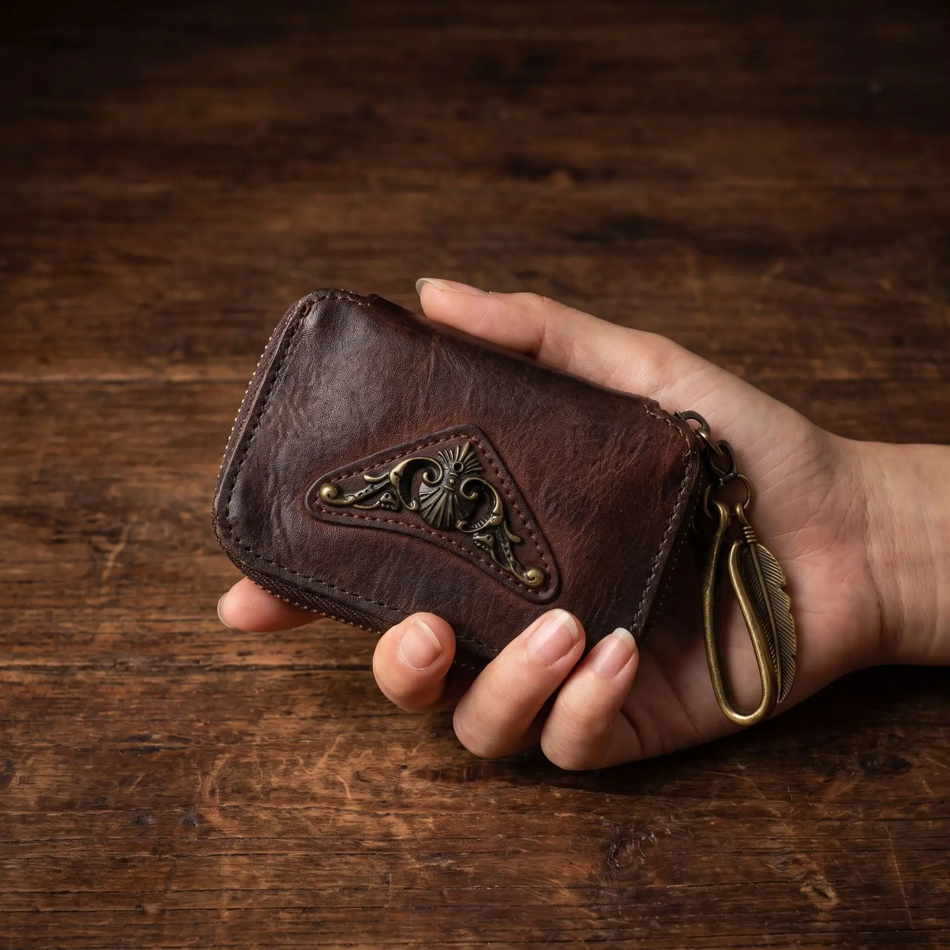 Top Grain Cowhide Leather Key Case for Men, Premium Vintage Zipper Key Wallet with Reinforced Stitching, Heavy Duty Key Holder