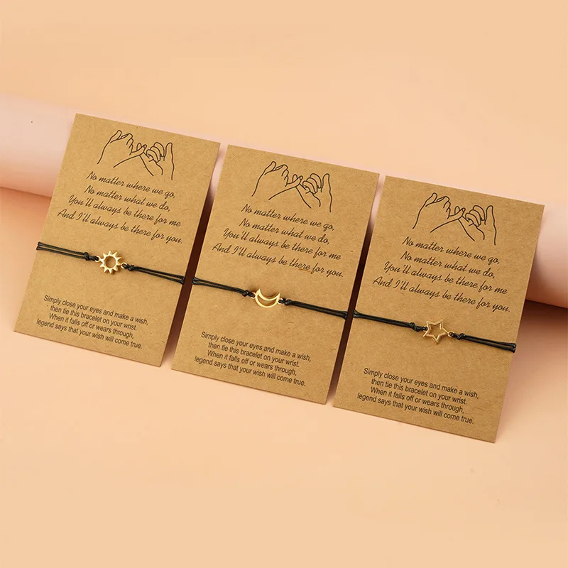 3Pcs Friendship Bracelet Set Sun Moon Star Alloy Charm Braided Woven Card Bracelet Adjustable Gift for Best Friends