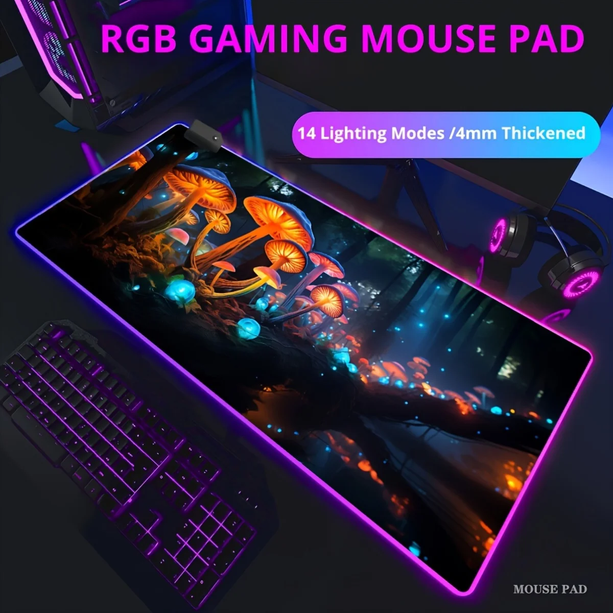 

RGB large luminous mushroom pattern mouse pad, anti-slip rubber, durable and washable, high-quality desk mat, computer accessory